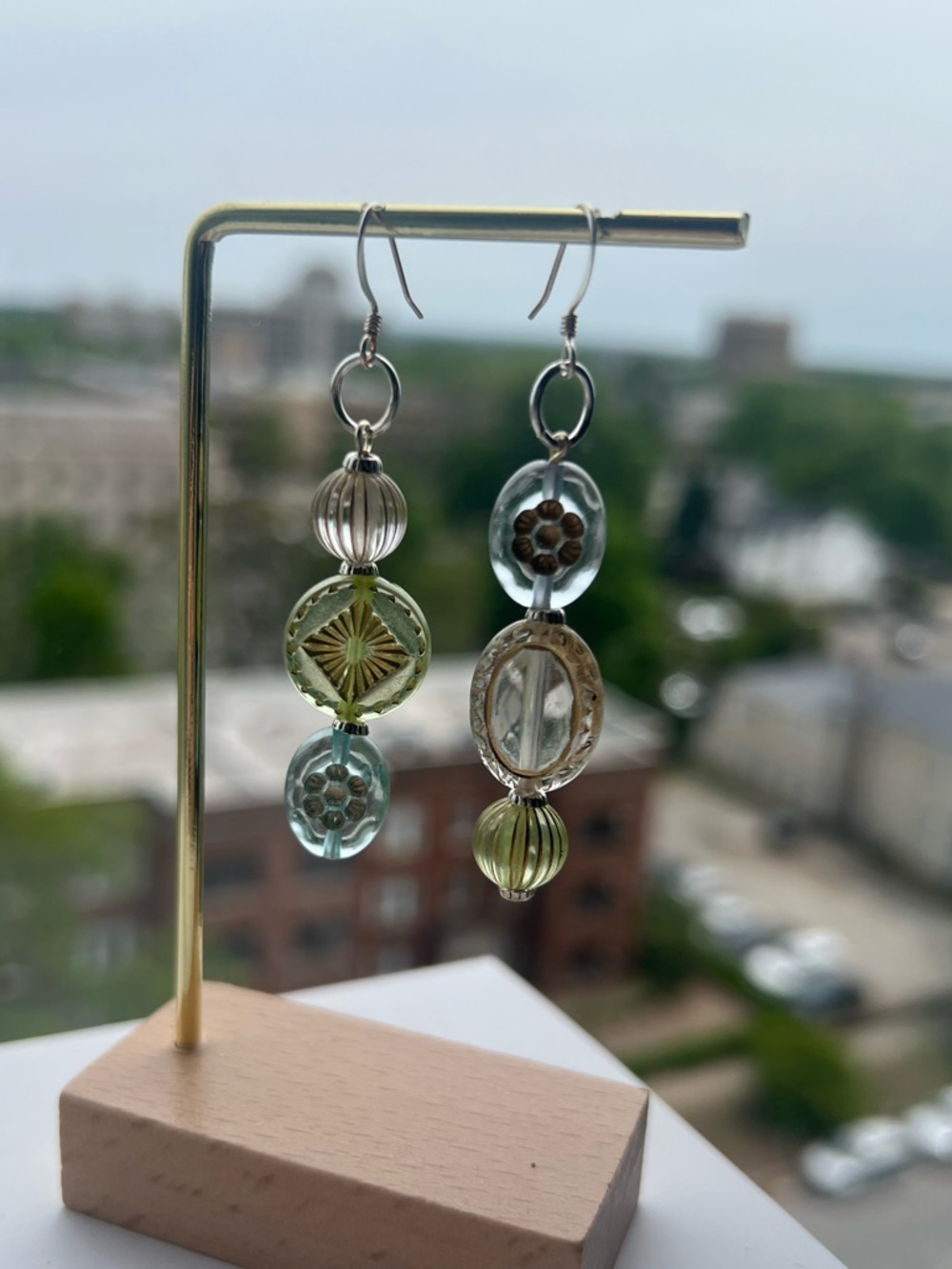 Green and Pale Blue Glass Bead Dangle Earrings